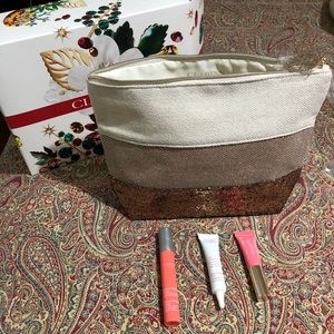 Clarins samples with cosmetic bag